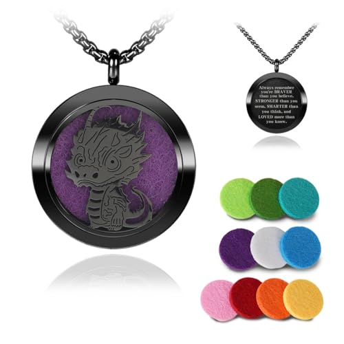 Aromatherapy Diffuser Necklace-Dinosaur Essential Oil Necklace,Aromatherapy Diffuser Pendant for Men and Women,Portable,Suitable for Yoga,Meditation,Travel,Stress Relief Gift(Black30mm) - color: Cute Dinosaur Black