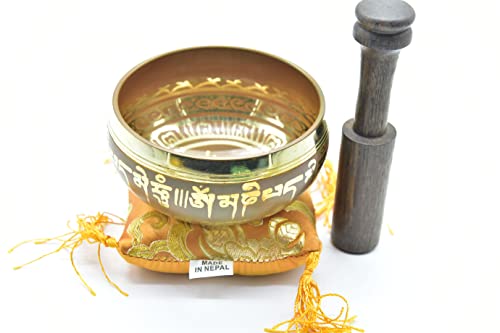 3.75" Tibetan Meditation Yoga Singing Bowl Green Set with free Wooden Mallet and Silk Cushion from Nepal, Singing bowls. (Orange) - color: Orange