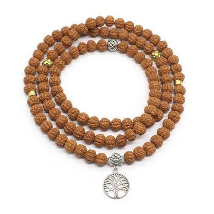 Authentic 5 Mukhi Rudraksha Mala - 108 Beads Spiritual Necklace with Tree of Life Pendant (10mm) - Yoga Meditation Jewelry for Men & Women - All-Natural Beads Chemical-Gift Box