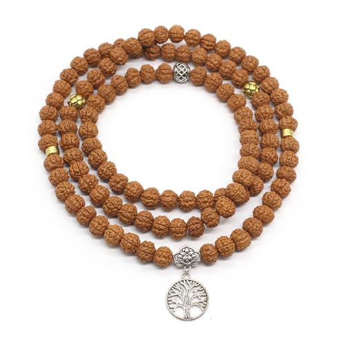 Authentic 5 Mukhi Rudraksha Mala - 108 Beads Spiritual Necklace with Tree of Life Pendant (10mm) - Yoga Meditation Jewelry for Men & Women - All-Natural Beads Chemical-Gift Box