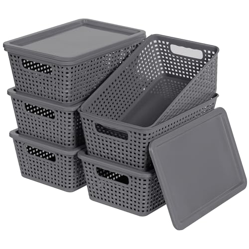 Plastic Storage Baskets With Lid, Storage Bins for Organizing, Stackable Decorative Containers for Shelves Drawers Desktop Closet Playroom Classroom Office, 6 Pack-Grey - color: Grey, size: 6 Pack