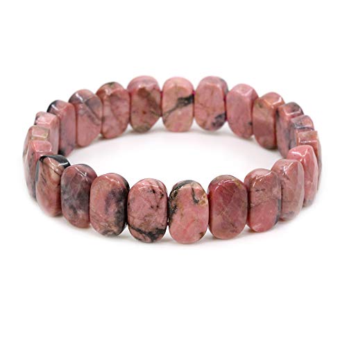 Keleny Semi Precious Stones 14mm Faceted Oval Beads Crystal Rock Elastic Bangle 7.5 Inch - color: Black Spots Rhodonite