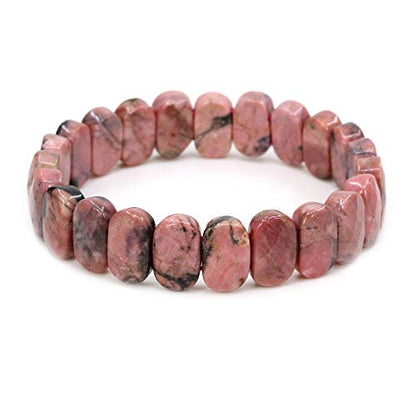 Keleny Semi Precious Stones 14mm Faceted Oval Beads Crystal Rock Elastic Bangle 7.5 Inch - color: Black Spots Rhodonite