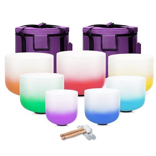 6-12inch 432hz Quartz Crystal Singing Bowls Set of 7 Gradient Design, for Mindfulness Meditation Yoga Sound Baths - color: Gradient Singing Bowls, size: 6-12 inch A-G Note 432hz