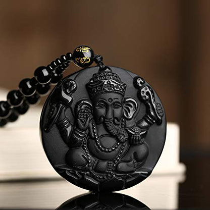 Natural black obsidian rainbow obisidan ice obsidian Maitreya launghing buddha necklace Amulet pendant bead chain - color: Ganesha elephant 2