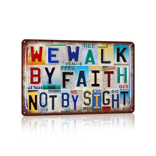 Vintage Sign Religious Metal Wall Art License Plate for Bedroom, Study, Meditation Room, Gift 12×8 Inches - We Walk By Faith, Not By Sight - color: Plate-b-08