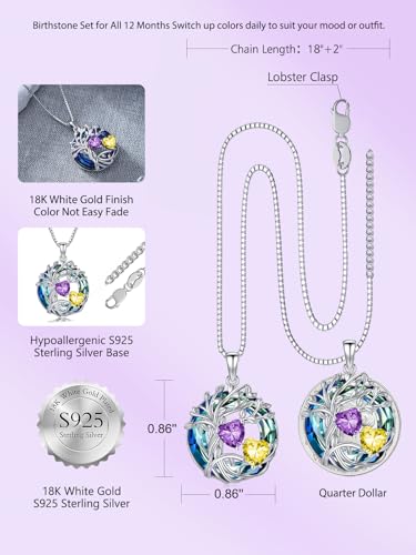 TOUPOP s925 Sterling Silver Family Celtic Tree of Life Pendant Necklaces with 2 Heart Birthstone with Blue Austrian Crystal Jewelry Birthday Valentines Day Gifts for Her, Anniversary Christmas Gifts for Wife Girlfriend Mom (18K Real White Gold Filled) - c