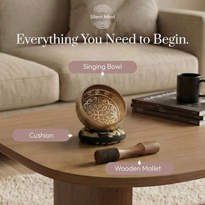Silent Mind Tibetan Singing Bowl Set – Easy to Play & Beginner Friendly Meditation Bowl with Cushion & Mallet | Stress Relief & Mindfulness | Gift-Ready - color: Cosmic Gold, size: Without Case