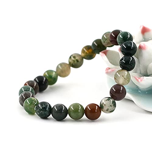 Natural Gemstones Bracelet 8mm Chakra Round Beads Energy Power Crystal Reiki Healing Elastic Stretch 7 Inch for Women Men Unisex - color: Indian Agate
