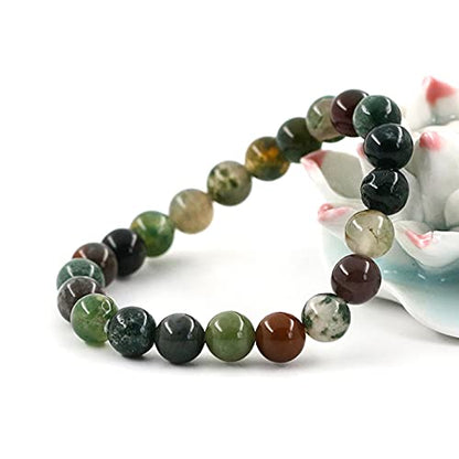 Natural Gemstones Bracelet 8mm Chakra Round Beads Energy Power Crystal Reiki Healing Elastic Stretch 7 Inch for Women Men Unisex - color: Indian Agate