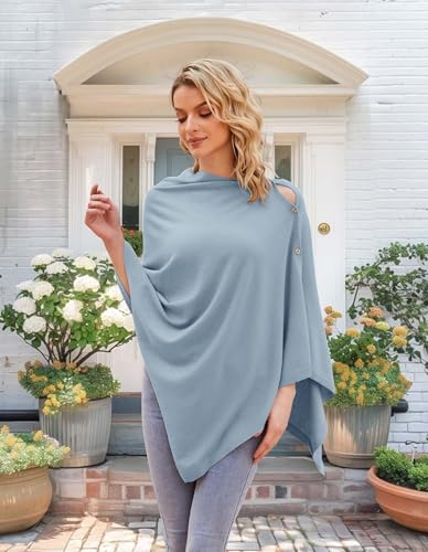 PULI Women's Versatile Knitted Shawls Scarf Poncho Sweater with Buttons Lightweight Spring Summer Fall Wraps - color: A-light Blue