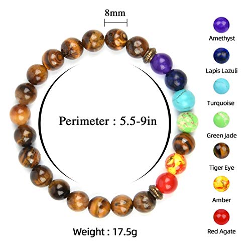 GelConnie Lava Rock Chakra Bracelet 7 Chakra 8mm Natural Stone Healing Bracelet Stress Relief Yoga Beads Anxiety Bracelet Aromatherapy Essential Oil Diffuser Bracelet Bangle - color: B-Tiger Eye Elastic