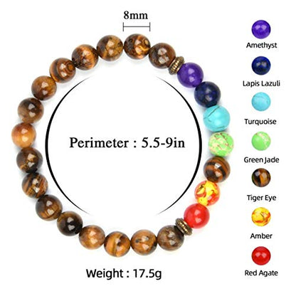 GelConnie Lava Rock Chakra Bracelet 7 Chakra 8mm Natural Stone Healing Bracelet Stress Relief Yoga Beads Anxiety Bracelet Aromatherapy Essential Oil Diffuser Bracelet Bangle - color: B-Tiger Eye Elastic