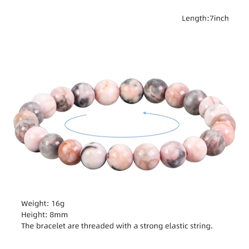 Natural Gemstones Bracelet 8mm Chakra Round Beads Energy Power Crystal Reiki Healing Elastic Stretch 7 Inch for Women Men Unisex - color: Pink Zebra Jasper