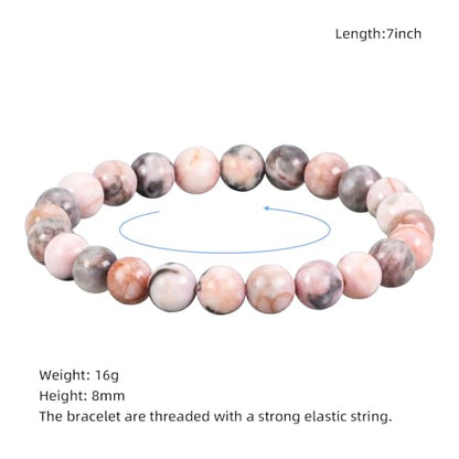 Natural Gemstones Bracelet 8mm Chakra Round Beads Energy Power Crystal Reiki Healing Elastic Stretch 7 Inch for Women Men Unisex - color: Pink Zebra Jasper