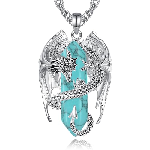 INFUSEU Unique Dragon Necklaces with Healing Crystal Stone for Men Women, Personalized Spiritual Gifts, 24 Inch Chain - color: Turquoise