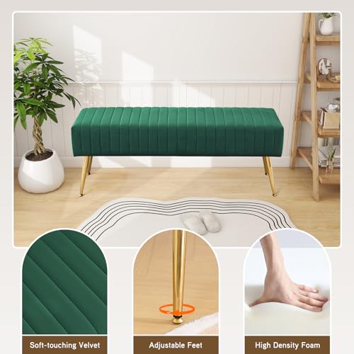 Furnimart 44 Inch Green Velvet Bench Ottoman Comfortable Footrest Stool Table Bench Dining Bench Tufting Bench Indoor Bench with Gold Legs for Living Room Bedroom Entryway (Velvet-Green) - color: Velvet-green