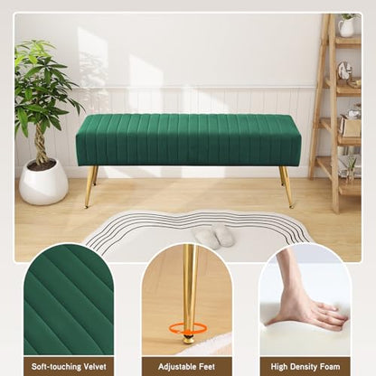 Furnimart 44 Inch Green Velvet Bench Ottoman Comfortable Footrest Stool Table Bench Dining Bench Tufting Bench Indoor Bench with Gold Legs for Living Room Bedroom Entryway (Velvet-Green) - color: Velvet-green