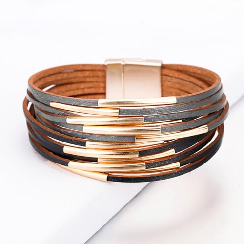 Fesciory Leather Wrap Bracelets for Women, Boho Leopard Multi-Layer Crystal Beads Cuff Bracelet Jewelry - color: Black and Gray