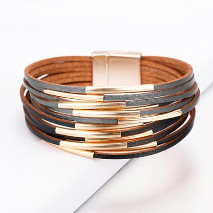 Fesciory Leather Wrap Bracelets for Women, Boho Leopard Multi-Layer Crystal Beads Cuff Bracelet Jewelry - color: Black and Gray