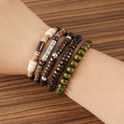 5pcs Wooden Bead Bracelet Set with Charm and Tassel for Men & Women - Stackable Boho Bracelets, Amber Color Scheme Adjustable Bracelet - color: Brown Green