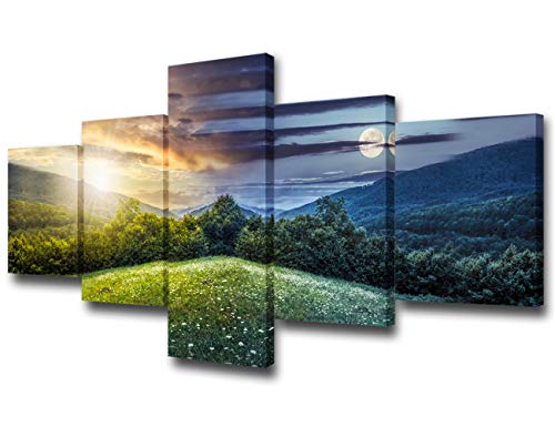 5 Pcs Canvas Wall Art - Trees on Hillside of Mountain Range with Coniferous Forest and Flowers on Meadow,Day and Night with Full Moon- Modern Home Decor Stretched and Framed Ready to Hang -50"W x 24"H - color: Artwork-27, size: 50"W x 24"H