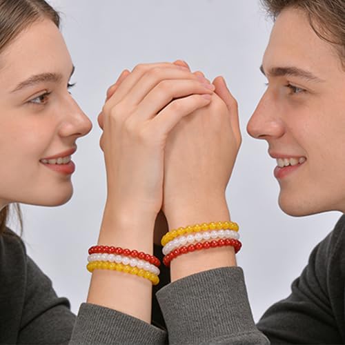 3PCS Agate Bracelet for Women Men Natural Round Beaded Agates Stone Healing Stretch Bracelets Elastic Handmade Polished Gemstone Beads Bracelet - color: White+Yellow+Red
