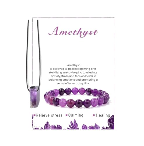 Pingyongchang Stress Relief Anxiety Yoga Bracelets Necklace Set,Healing Crystal Stone Mantra Bracelets for Women Natural Crystal Stone birthday Gifts For Teen Girls Black Leather Necklace for Men - color: Amethyst