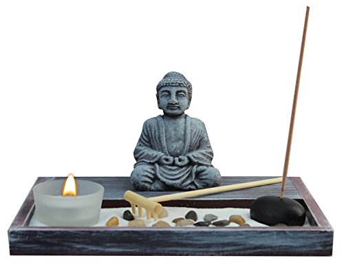 Zen Garden Deluxe Desk Meditation Garden Grey Buddha Statue with Rocks, Tea Light Holder, Rake, Incense and Incense Holder, Sand and Base - Peace & Tranquility (Candle Not Included)