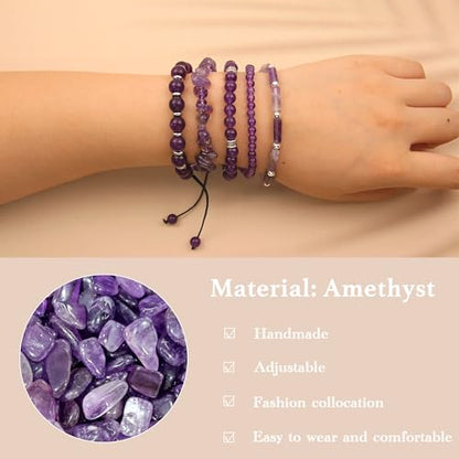 5Pcs Healing Crystal Bracelet for Women Men, Handmade Adjustable Gemstone Bracelets Beaded Reiki Energ Bracelet Set Jewelry Gifts for Women Men - color: Amethyst