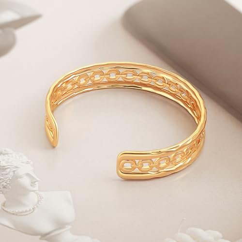 18K Gold Plated Open Cuff Bangle for Women Statement Brushed/Hammered/Textured Bracelet Layering Jewelry Love Gift for Her - style: Hard Oval Chain Bangle