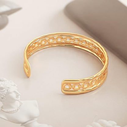 18K Gold Plated Open Cuff Bangle for Women Statement Brushed/Hammered/Textured Bracelet Layering Jewelry Love Gift for Her - style: Hard Oval Chain Bangle