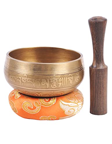 Etched Tibetan Singing Bowl Set, Sound Bowl Meditation Set – Authentic Meditation Bell for Healing, Yoga, Chakra Balancing, Mindfulness, Zen Décor or Unique Gift - color: Etched