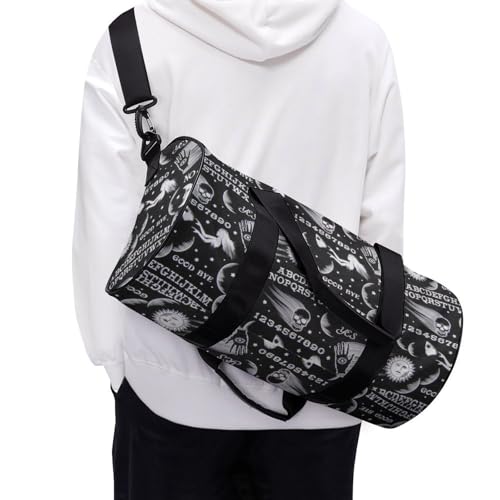 Skull Moon Sun Gothic Witch Board Seamless Black Cylindrical Portable Fitness Bag, Large Capacity Handbag - color: skull moon sun Gothic Witch Board Seamless bl