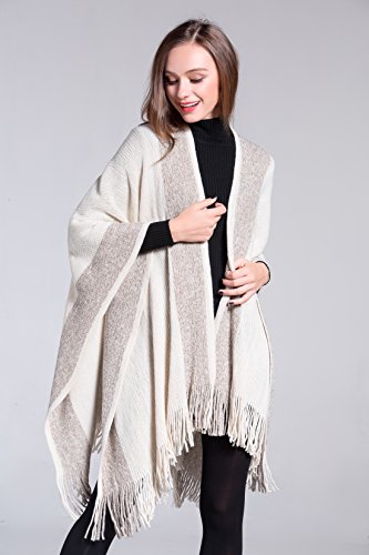 ZLYC Women's Shawl Golden Trim Knit Blanket Wrap Fringe Poncho Coat Cardigan - color: White