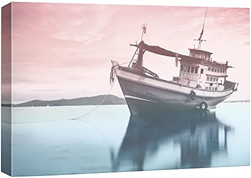 wall26 Canvas Print Wall Art Film Grain Pink & Teal Boat Reflection Marine Life Ocean Photography Realism Modern Scenic Colorful Multicolor Duotone for Living Room, Bedroom, Office - 12"x18" - color: Bse27-2107-001-fo291, size: 18"L x 12"W