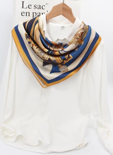 100% Pure Mulberry Silk Scarf 35" Large Square Lightweight Headscarf –Women’s Hair Wraps-With Gift Packed - color: Gold&blue
