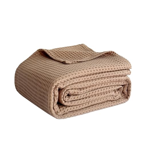 100% Cotton Waffle Weave Blanket King Size, Soft Lightweight Breathable Cozy Blankets for Bed Couch Home Décor All-Season Use (Light Brown, 104"x90") - color: Light Brown, size: King (104"x90")