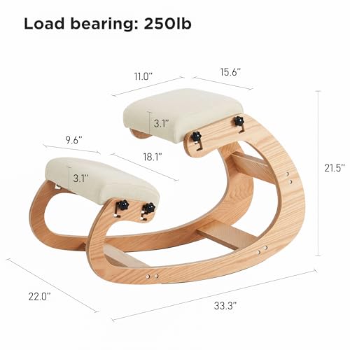 Ergonomic Kneeling Chair, Adjustable Rocking Knee Chairs for Home Office, Wooden Office Knee Chair for Back Pain Relief, Beige