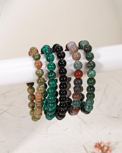 BOMAIL 5Pcs Healing Crystal Bracelets for Women 8mm Natural Stone Beaded Stretch Bracelet Set Handmade Semi-Precious Gemstone Bracelets - color: B