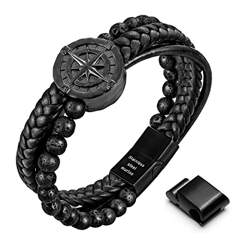 murtoo Mens Bracelet, Leather and Steel, Multi-layer Leather Bracelet for Men with Compass, Gift Idea for Boyfriend Husband Father - color: Black Leather & Lava Rock, size: 8.85"