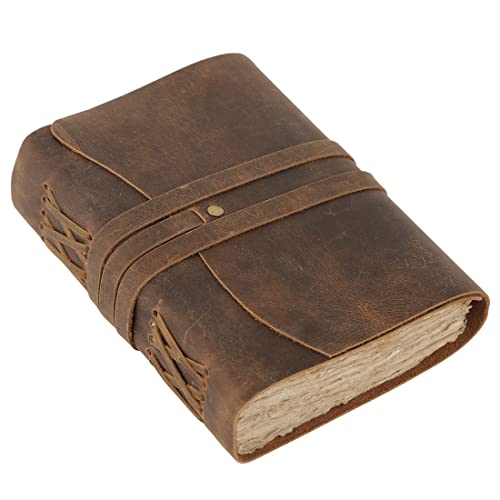 KomalC Handmade Leather Journal | Writing Notebook Diary | Bound Daily Notepad For Men & Women Unlined Paper Medium, writing pad for artist, sketch - color: Deckle Edge Brown Tan, size: 7 x 5
