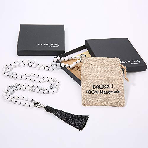 108 Mala Beads Necklace Semi-Precious Gem Stones Meditation Necklace 108 Hand Knotted Japa Mala Beaded Tassel Necklace with Tree of Life Pendant - color: Natural White Howlite（Black Tassel）