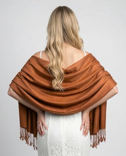 Achillea Lightweight Pashmina Scarf for Women – Soft Silky Shawl Wrap for Evening Dresses, Bridesmaids & Everyday Wear - color: Copper