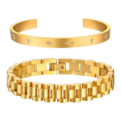 MPRAINBOW 2pcs 18K Gold Plated Chain Link Bracelet, Stainless Steel Crystal Friendship Bracelets Bangle,Watch Band Chains Wristband Jewelry with Adjust Tool - color: Gold Set - K