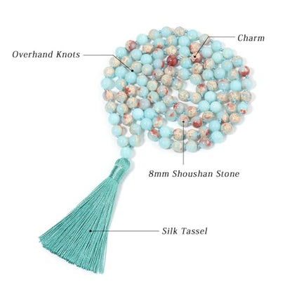 8MM Beads Chakra Long Mala Necklace Natural Stone Meditation Statement Necklace Japa Yoga Buddhist Rosary Prayer Charm Beaded Tassel Necklace - color: Shoushan Stone