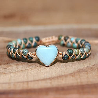 Women Boho Wrap Bracelet,Handmade Natural Stone Crystal Emperor Beads Heart Bracelet, Fashion Bohemian Jewelry Gift for Women - color: African Turquoise 2#