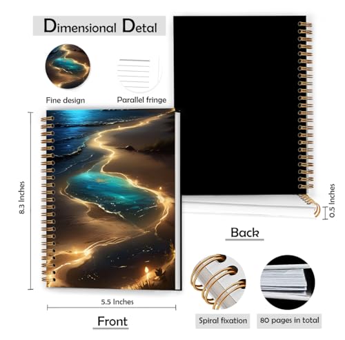 XUNLURY Blue and Gold Beach Notebook, Mystical Celestial Coastal Ocean Journal, Whimsical Beach Journal, Nature Lover Gifts Hardcover Spiral Notebooks, 5.5x8.3 Inch - color: Color_13