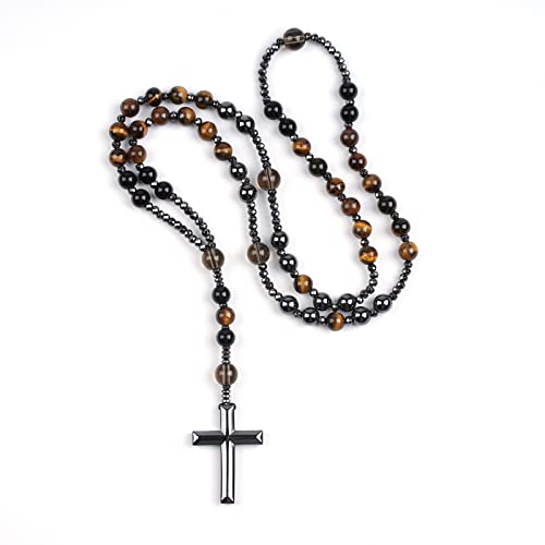 LIYAPEI Triple Protection Necklace with Tiger Eye, Obsidian, and Hematite - Stylish Men's Cross Necklace and Women's Y-Shaped Sweater Chain An Anxiety Relief Beaded Necklace. - color: Tiger Eye Red