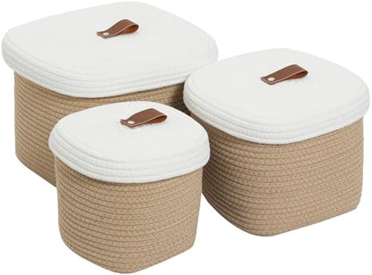 Set of 3 Stylish Rectangular Woven Baskets with Lids - Elegant Storage Solution for Home Decor and Organization, Beige/White Lid